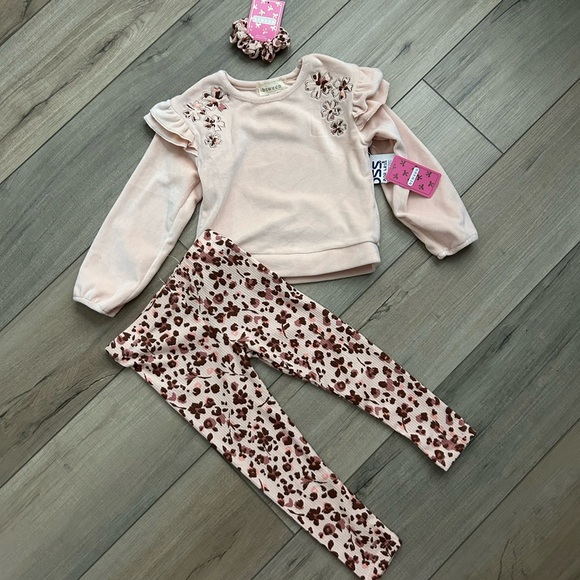 2/$18 NWT Girls Pink Ruffle Sweatshirt and Floral Leggings Set - Size 4T - Picture 1 of 14